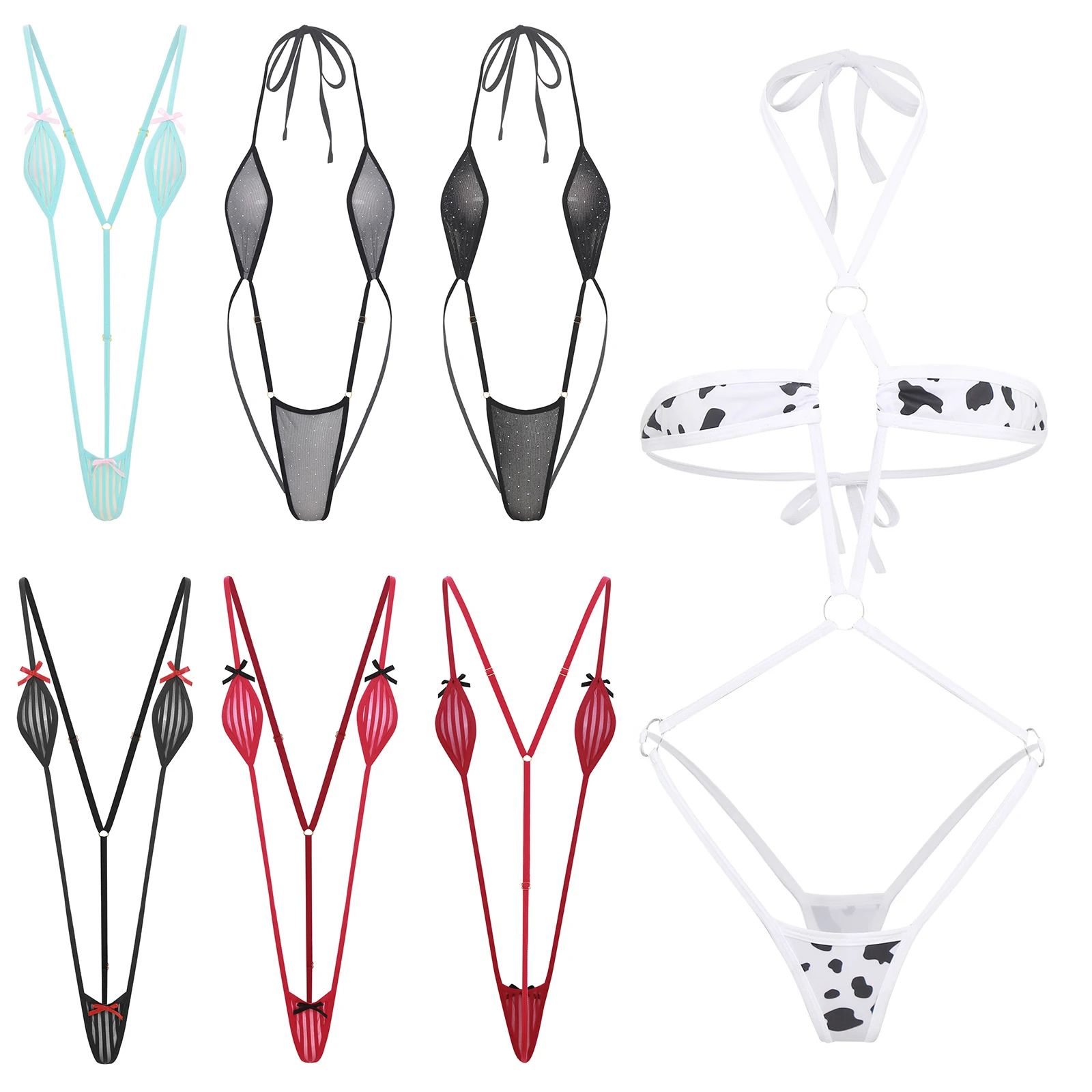 Damski Letni Seksowny Strój Kąpielowy Monokini z Siateczki Mikro Bikini Body Halter T-back Regulowany Kostium Jednoczęściowy Bielizna Nocna