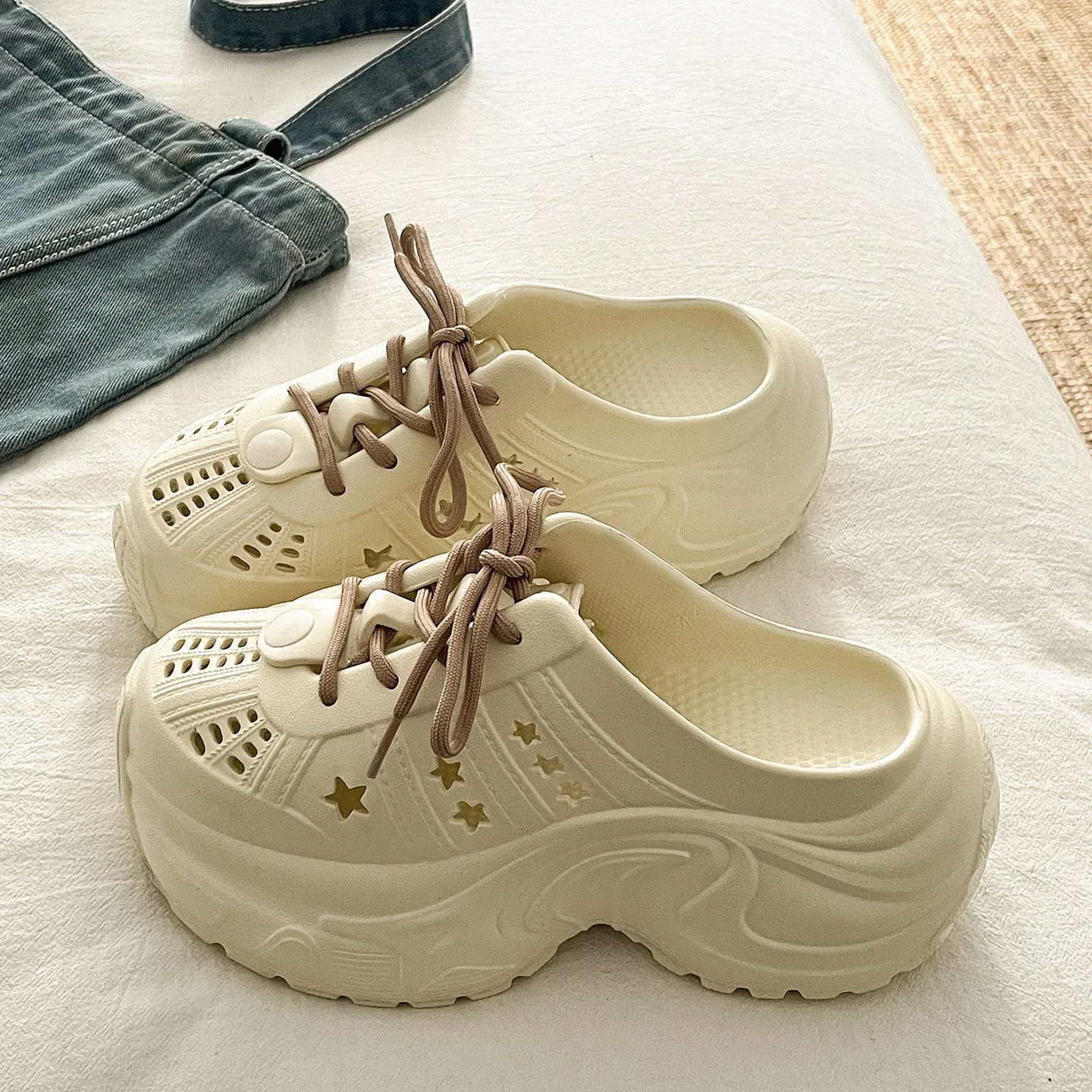

Solid Color Chunky Platform Lace Up Sports Shoes Women 2026 Summer Casual Breathable Clogs Sandals Woman Slip On Non-Slip Mules