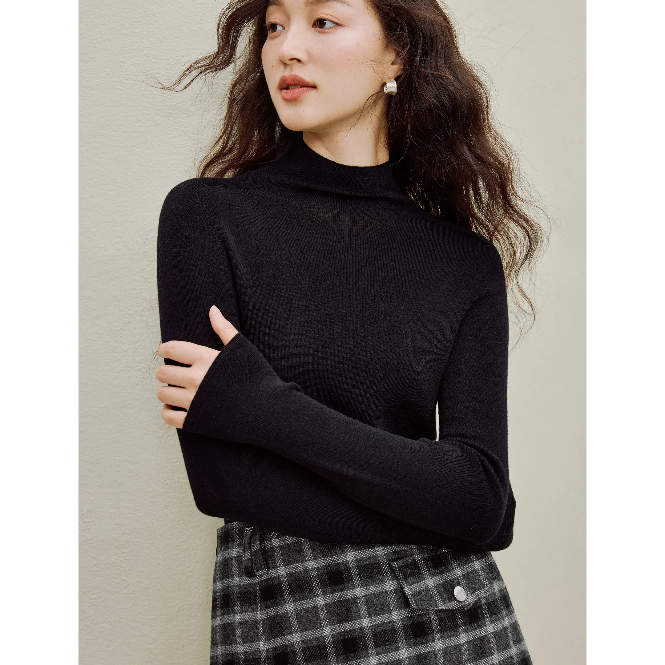 Inman feminino 2025 outono e inverno nova camiseta de manga comprida slim fit – suéter lavável com camada base de lã 100% sem costura