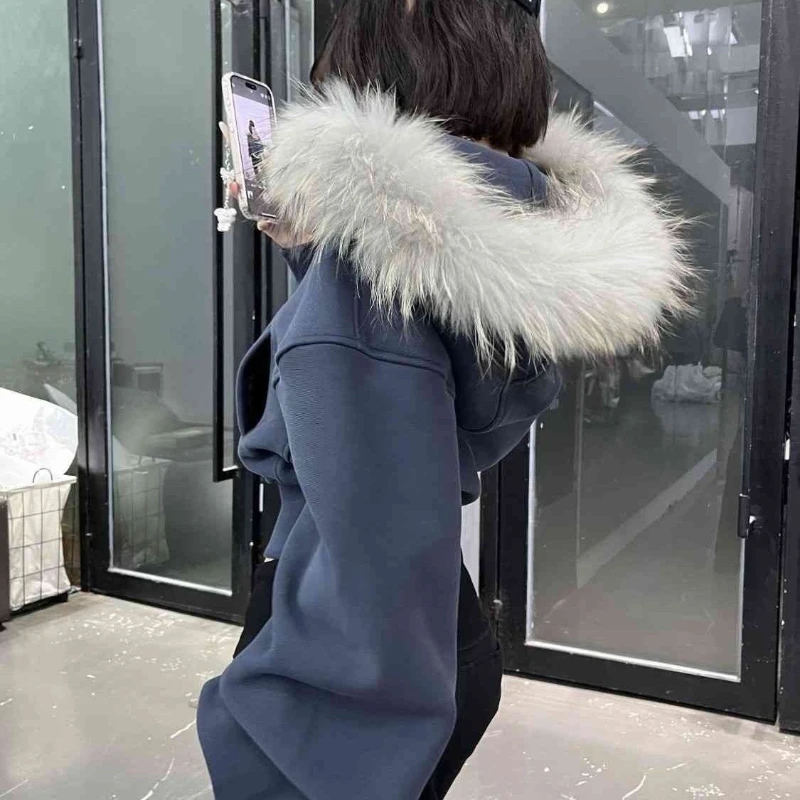 Deeptown Vintage Fur Collar Zipper Hoodies Women Harajuku Fashion Crop Hooded Sweatshirt Korean Style Casual High Street Hoodies