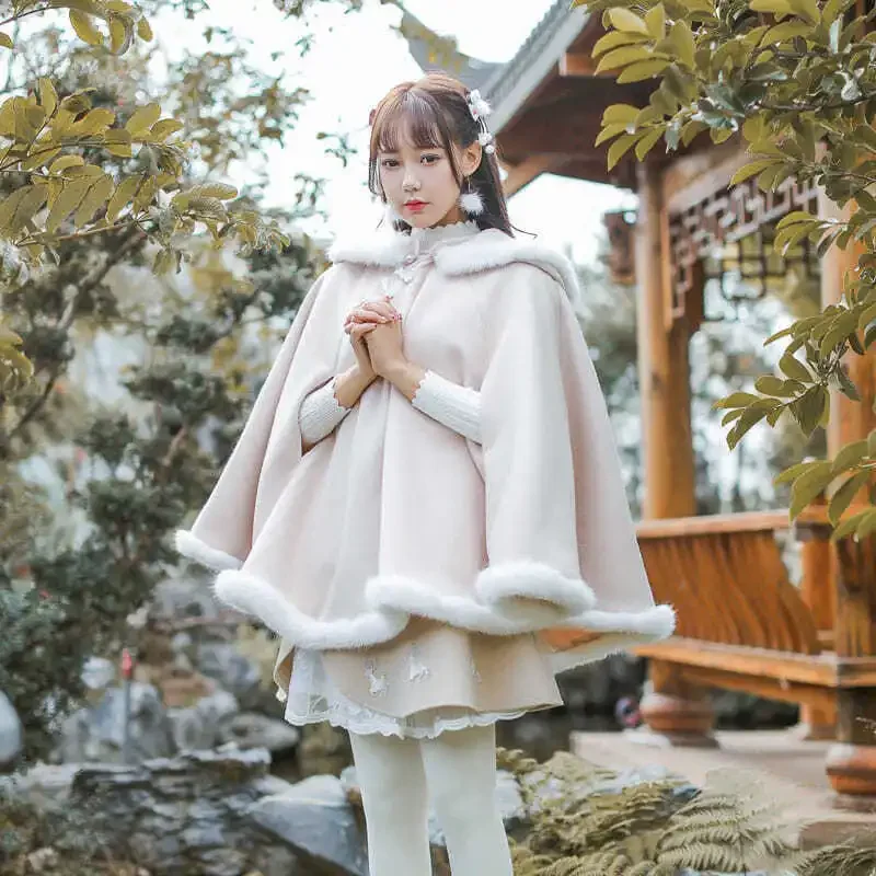 Coalfell  Autumn /Winter New Improved Hanfu Han Element Lolita Hooded Cloak Fleece Coat Veste Femme Coat Autumn Clothes Women