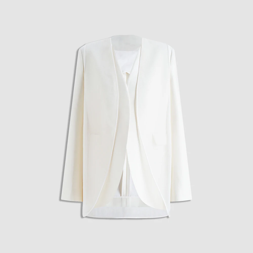 Women Wool‑Blend Open‑Front Blazer Jacket V‑Neck Fake Two‑Piece Layered Long‑Sleeve Office Business Ladies Outerwear Coat