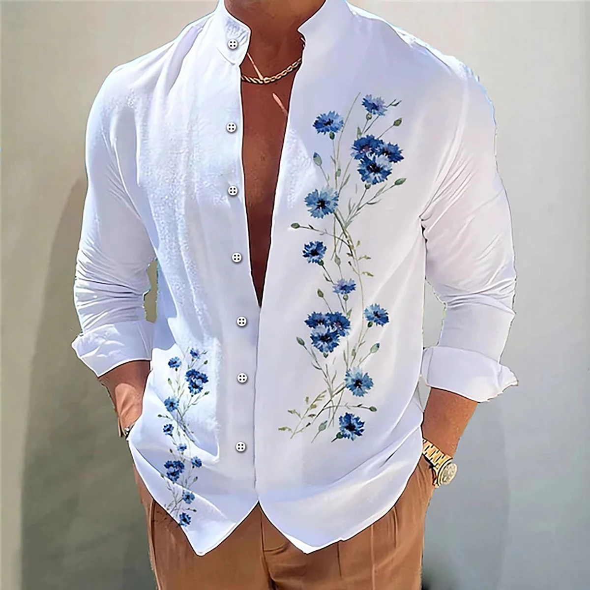 Camisa con estampado 3D de flores para hombre, camisa informal de manga larga con cuello levantado, a la moda y cómoda, para uso diario y al aire