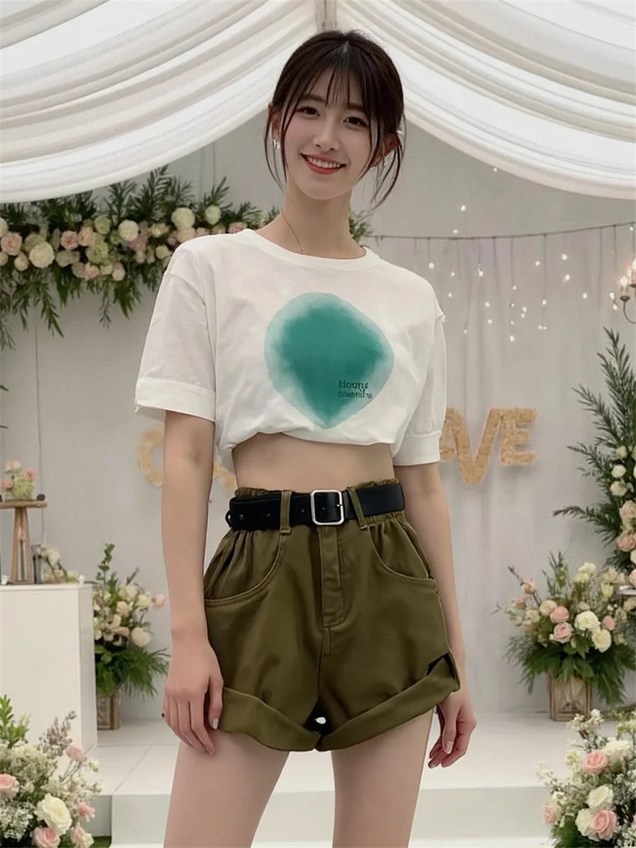 

Джинсовые свободные шорты с высокой талией и закрученными краями для девочек, элегантная женская одежда, осенняя одежда со средней посадкой, офисная работа, профессиональная