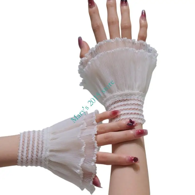 

Elegant White Lace Trimmed Wrist Sleeves With Ruffle Design Layered Cuffs For Women Fashion Photography And Daily Outfits