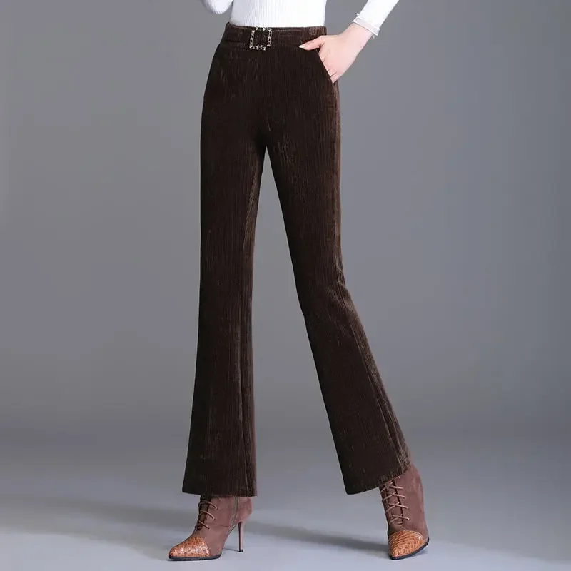 Office Lady Solid Flare Pants Women Autumn Winter Chenille New Elastic High Waist Pocket Slim Korean Casual Trousers XT1560