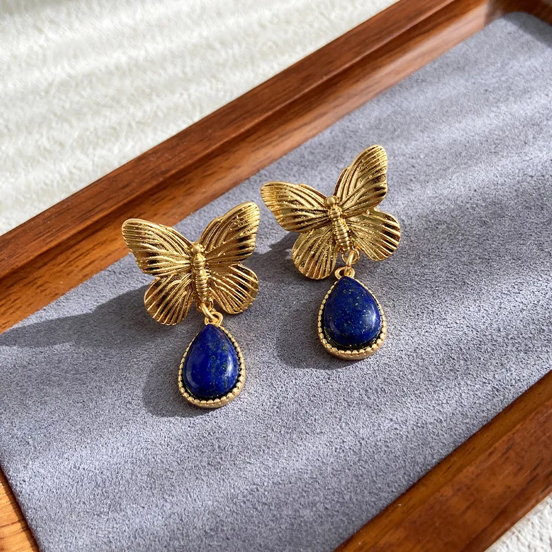 

Vintage butterfly lapis lazuli drop earrings elegant lady eardrop