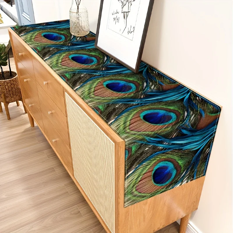 1pc Abstract Peacock Feather Linen  Table Runner  - Kitchen/Dining Decor, Perfect for Holiday Party Table Centerpiece