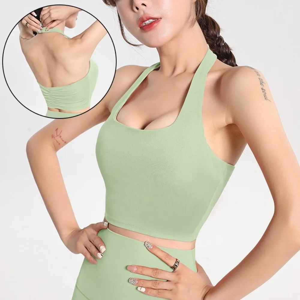 

Elegant Design Hanging Neck Strap Sports Bra Pleated Back Breathable Fabric Fashionable Pleated Bra Earthquake-proof Comfortable
