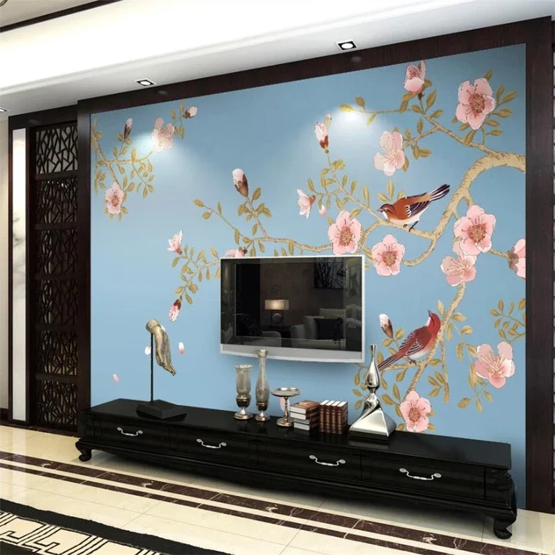 Custom wallpaper 3D murals new Chinese style elegant peach hand-painted pen flower bird mural TV background wall papel de parede