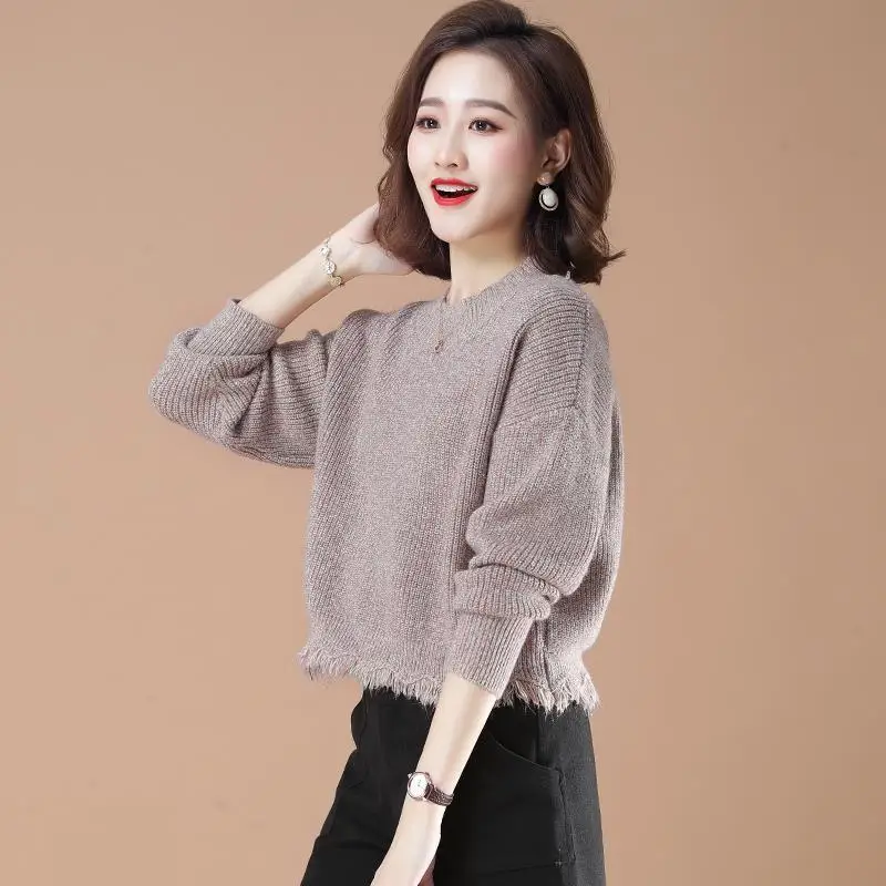 Temperament Fashion Autumn Winter New Sweaters Women O-Neck Solid Tassel Korean Long Sleeve Loose Short Pullovers Knitted Top