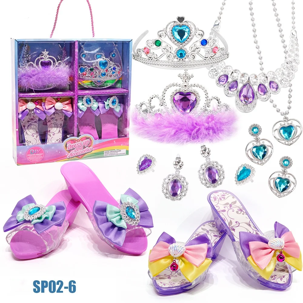 Conjunto de brinquedos de princesa com sapatos de cristal, colar, brincos e caixa de joias para crianças – ideia para festas de aniversário e brincadeiras