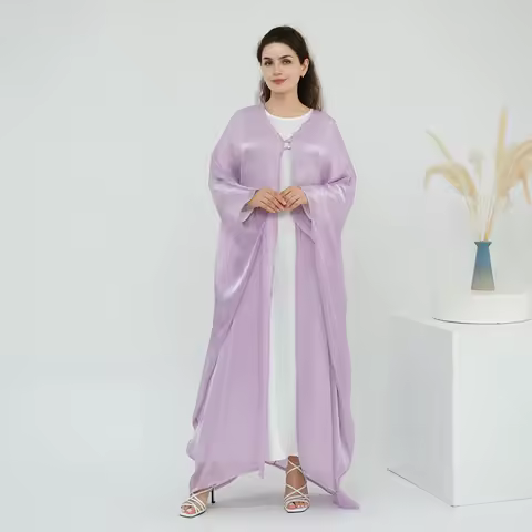 Women Modest Ramadan Abaya Shiny Polyester Open Robe Islamic Long Dress Muslim Cardigan Evening Dress Caftan Outfit Jalabiya