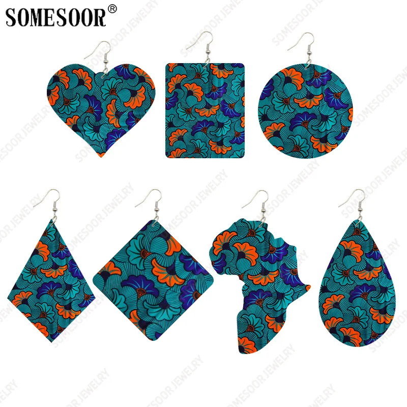 SOMESOOR African Fabric Design Print Geomoertic Wooden Drop Earrings For Women Muti-shapes Pendant Bohemian Dangle Jewelry Gifts