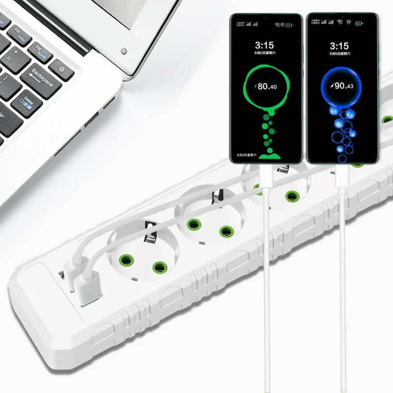 Multiprise EU Plug avec 3 ports USB, multiprise AC, rallonge de 2m, prise électrique, filtre réseau 4/5 W, 3, 2500