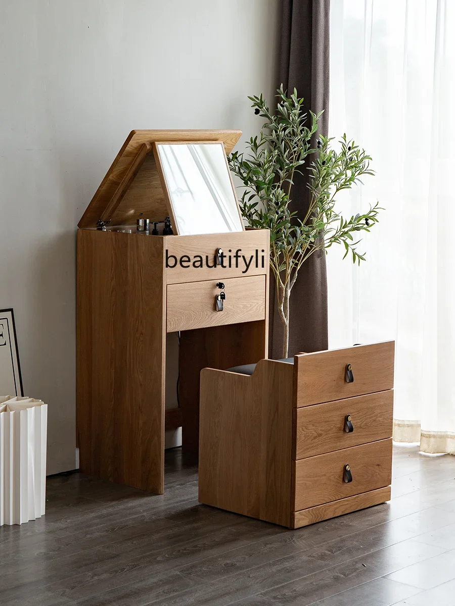 Solid Wood Dressing Table Bedroom Modern Simple Small Apartment Bedside Chest of Drawers Dresser Integrated Flip Storage Cabinet