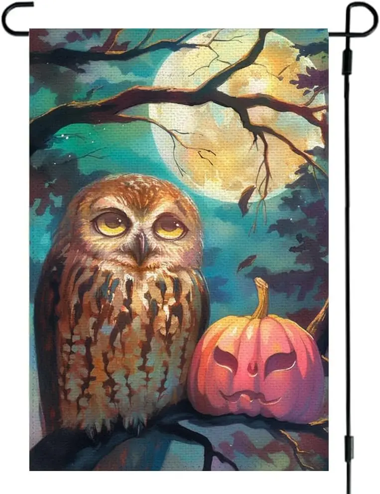 RABUSOFA Fall Halloween Garden Flag 12x18 Inch Double Sided for Outside, Owl Pumpkin Full Moon Night Outdoor Seasonal Yard Flag