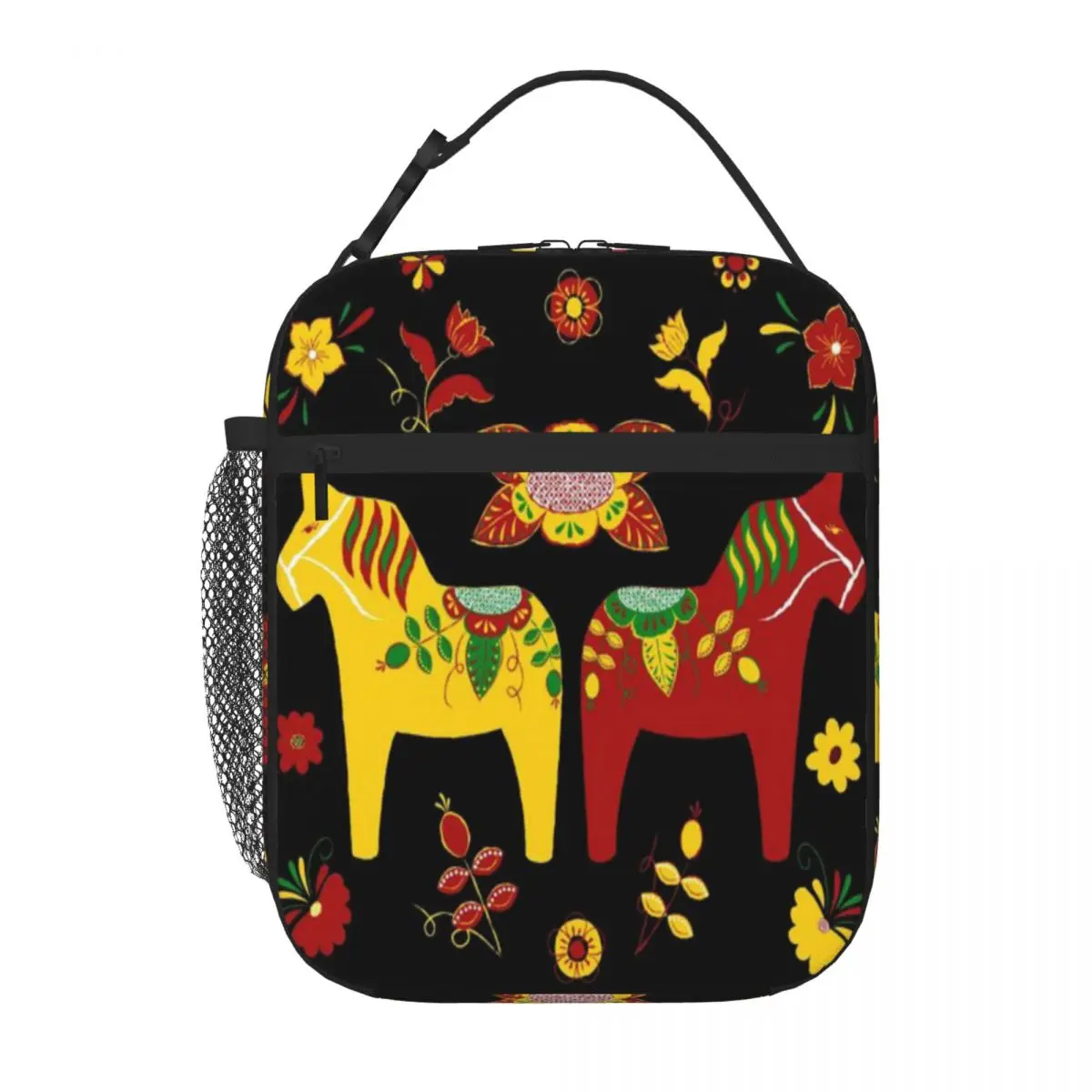Bestselling Folk Art - Swedish Dala Horses - Red Yellow Green Retro Bento Bag Teen School Thermal Lunch Bag