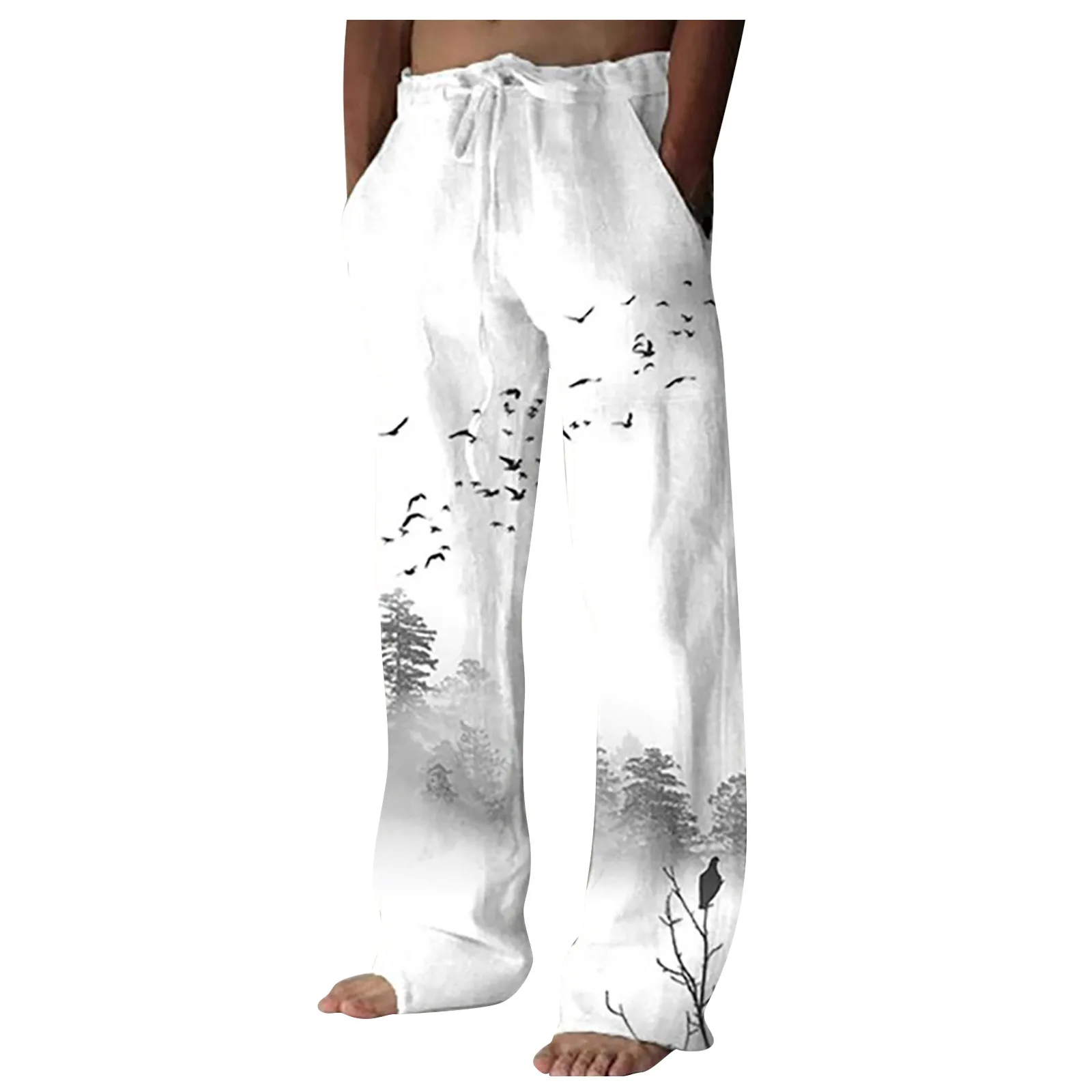 Autumn New Men's Casual Cotton Linen Long Pants Fashion Flying Bird Printing Drawstring Trousers Men Streetwear Sweatpants