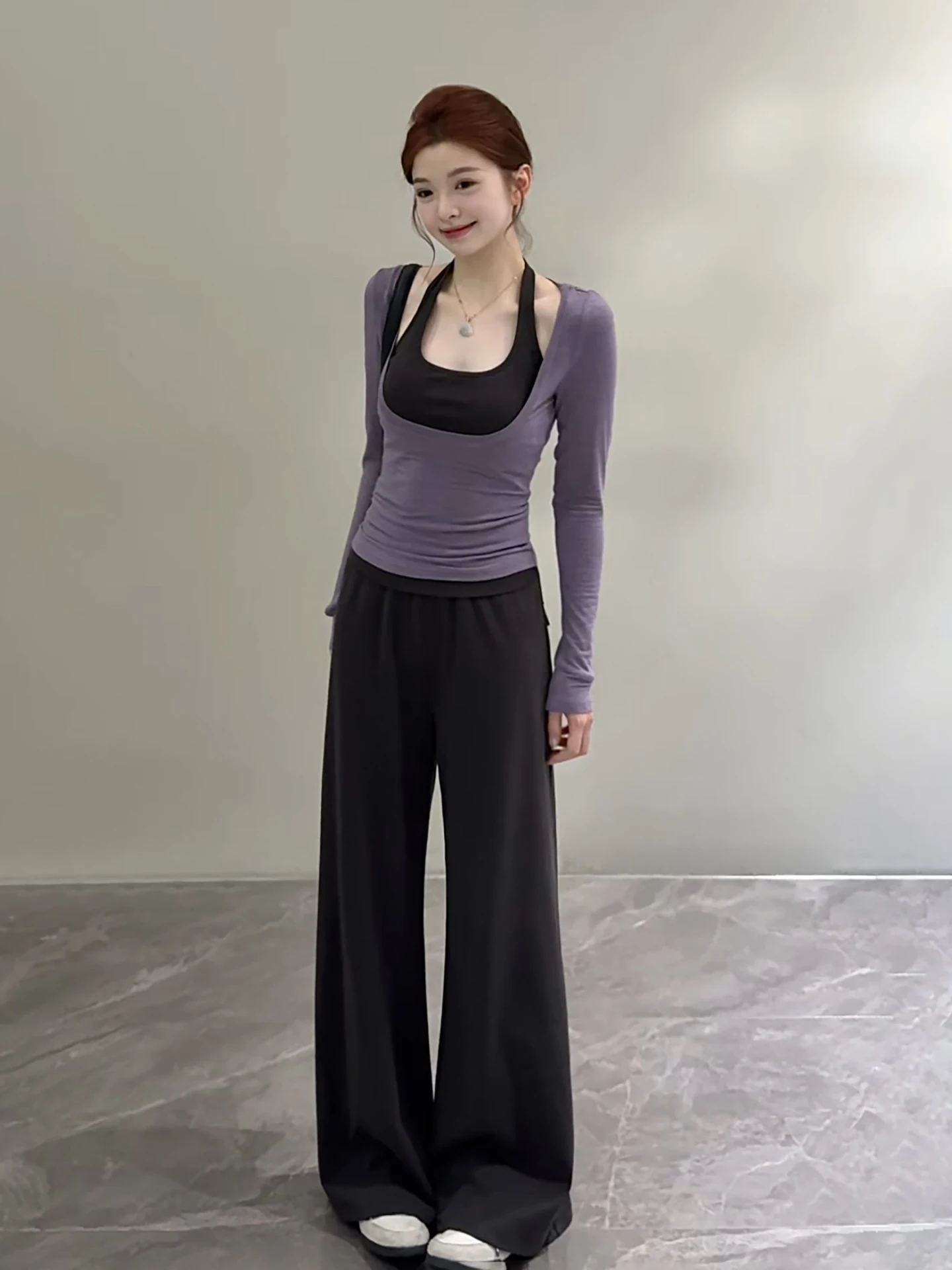 Song Song Early Autumn Wide Leg Pants Smooth Draping Slimming Hip Covering Straight Casual Pants Set Women Fashion DT2562