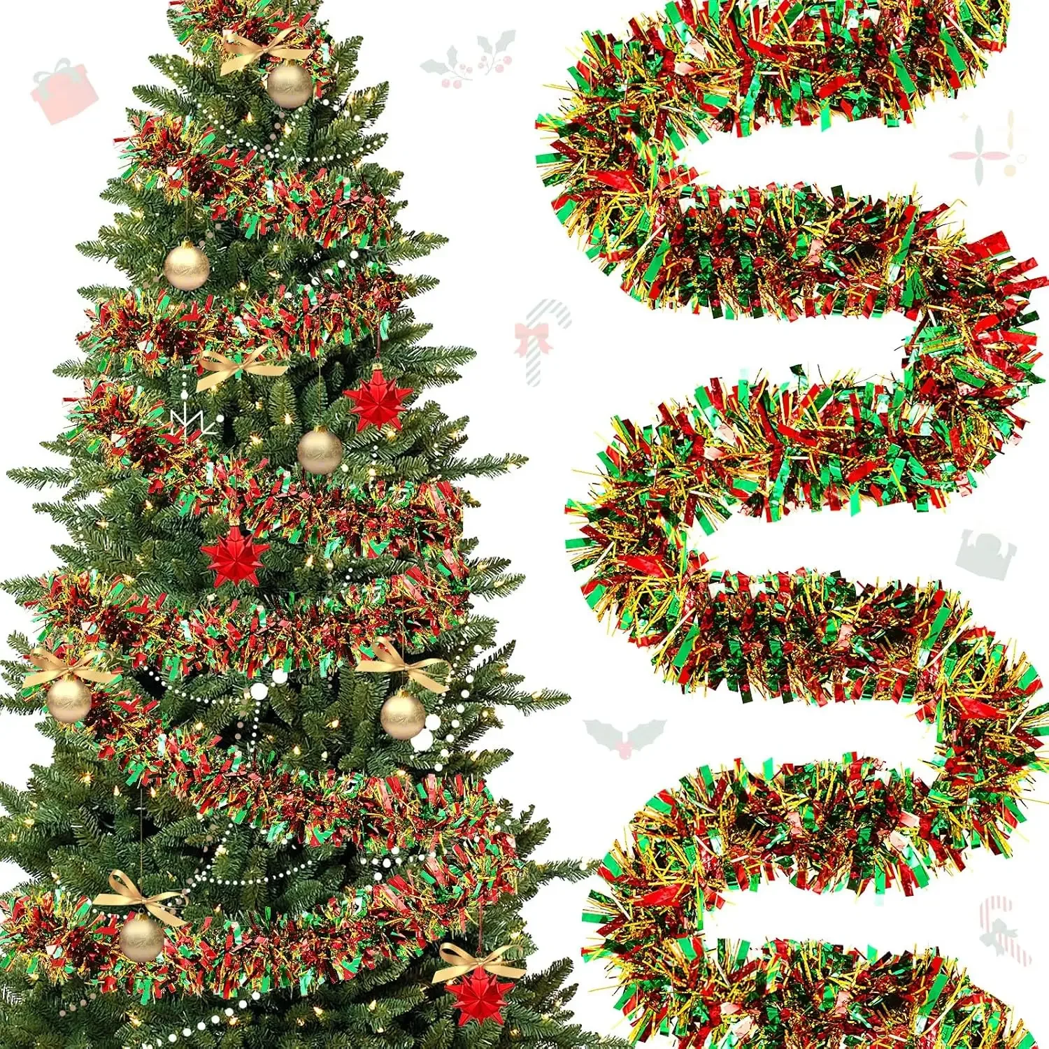 5m Christmas Tinsel Garland Multicolor Metallic Tinsel Twist Garland Glitter Foil Garland Hanging Decoration for Xmas Tree Decor