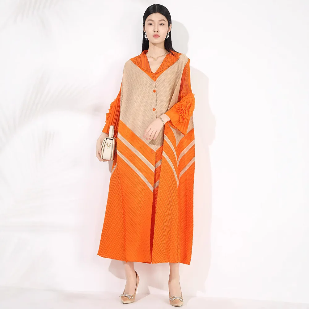 Sukienka 2026 Mały Kołnierzyk Kwiatowy Guzikowy Rozmiar S Siedem ósmych Rękaw Plisowany Kardigan Długa Sukienka Letnia Odzież Bliski Wschód