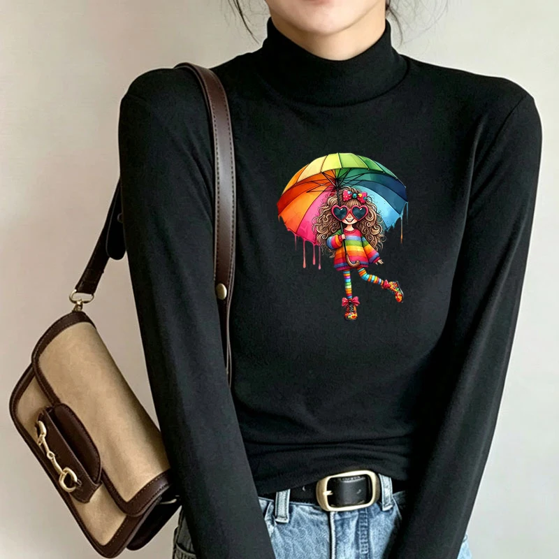 Winter Women's Thermal Brushed Fleece Half Mock Neck Long Sleeve T Shirt Rainbow Umbrella Girl Dancing Graphic Warm Tee