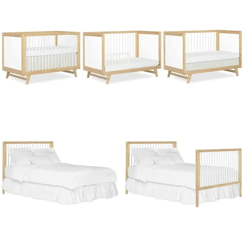 5-in-1 Full Size Convertible Crib / 3 Mattress Height Settings/JPMA Certified/Made of New Zealand Pinewood/Sturdy Crib Design