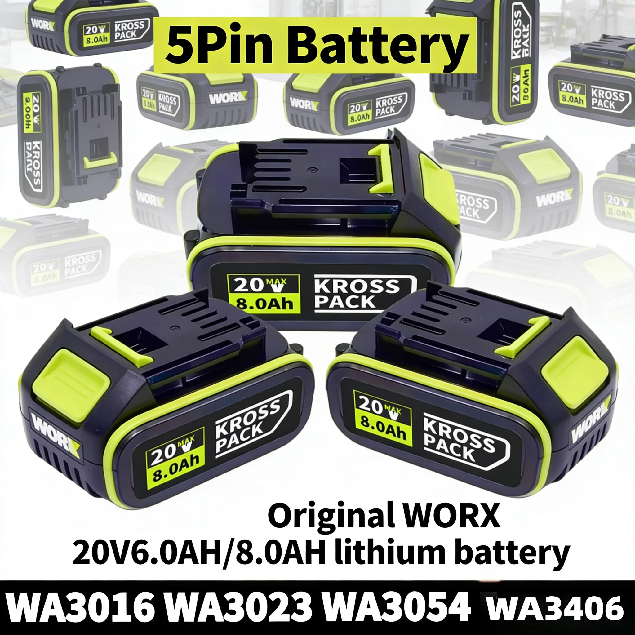 

20V 6.0Ah 8.0Ah Lithium Battery 5pin For WORX WA3016 WA3023 WA3027 Fit Dewalt Cordless Power Tool Replacement Battery