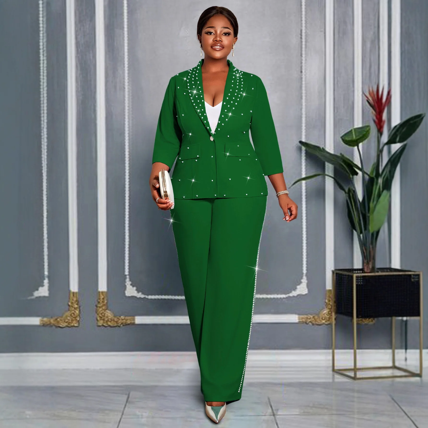 

Plus Size Women's Green Beaded Blazer Suit Three-quarter Sleeve Top + Wide-leg Pants Elegant Two-piece Set Casual Y2K