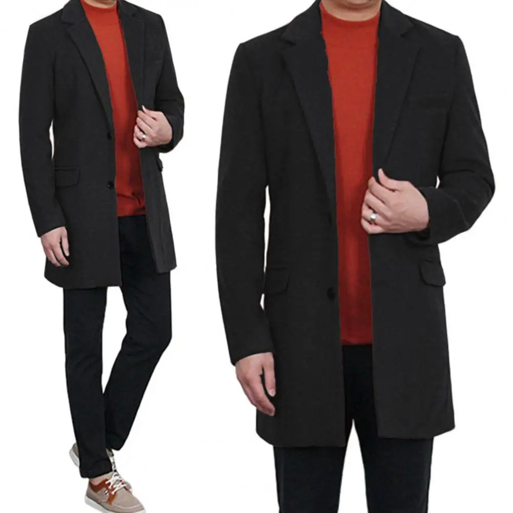 

Button Closure Men Coat Stylish Men's Formal Business Overcoat Turn-down Collar Thick Solid Color for Fall/winter