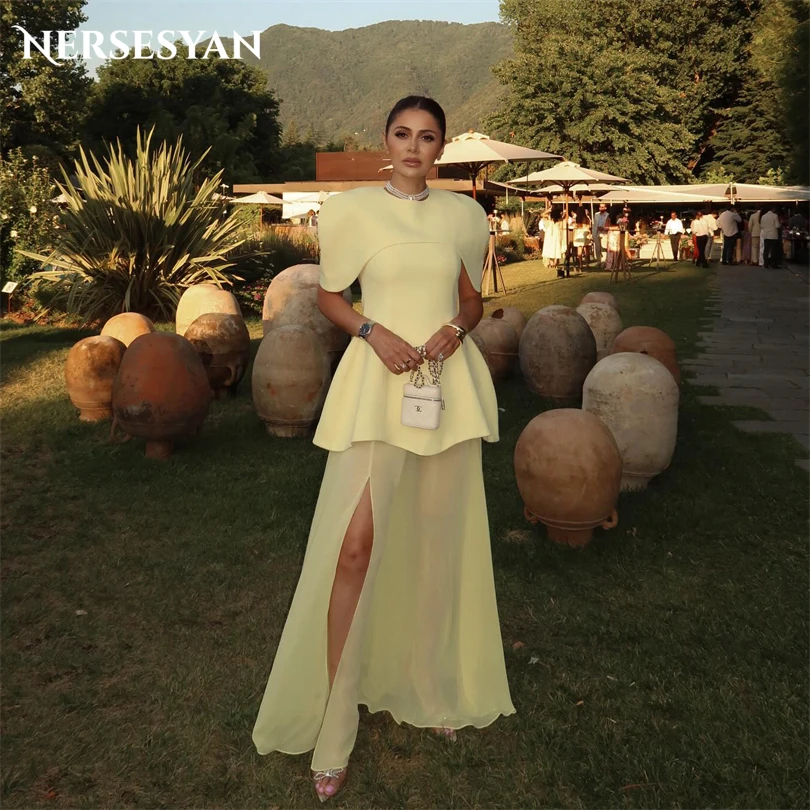 

Nersesyan Yellow Luxury Prom Dresses Side Slit Ruffles Cap Sleeves Formal Evening Dress A Line Guest Party Gowns 2025 Customized
