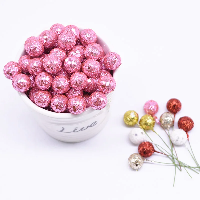 100pcs/lot Mini Artificial Fruit Flower Stamens Cherry Christmas Foam Glitter Berry for Wedding DIY Flower Gift Box Decor Wreath