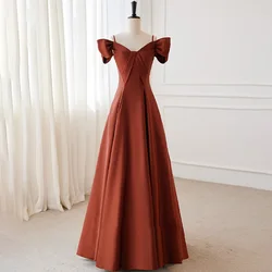 Evening Dress Boat Neck Auburn Pleat Floor-Length Short Sleeves Lace Up A-Line Simple Satin New Party Formal Dresses Woman B2788