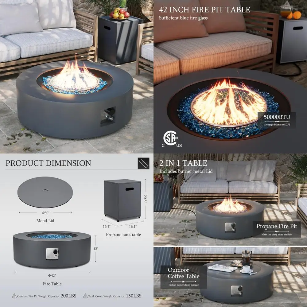 

Round Outdoor Propane Gas Fire Pit Table 42-inch, 50,000 BTU, Iron, Patio Firepit with Hidden Tank and Removable Table for Outdo