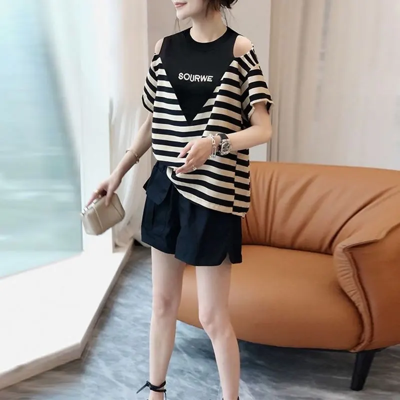 Women\'s Clothing Streetwear Fashion Striped Letter Pullovers 2023 Summer Casual Spliced Round Neck Off Shoulder Loose T-shirt