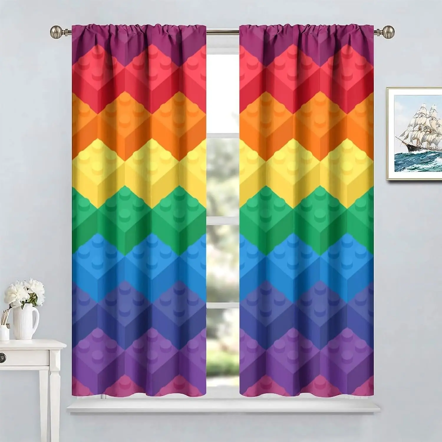Kids Building Blocks Toy Curtains,Color Constructor Geometric Blocks Abstract Contour Colorful Plastic Brick Print Window Drapes