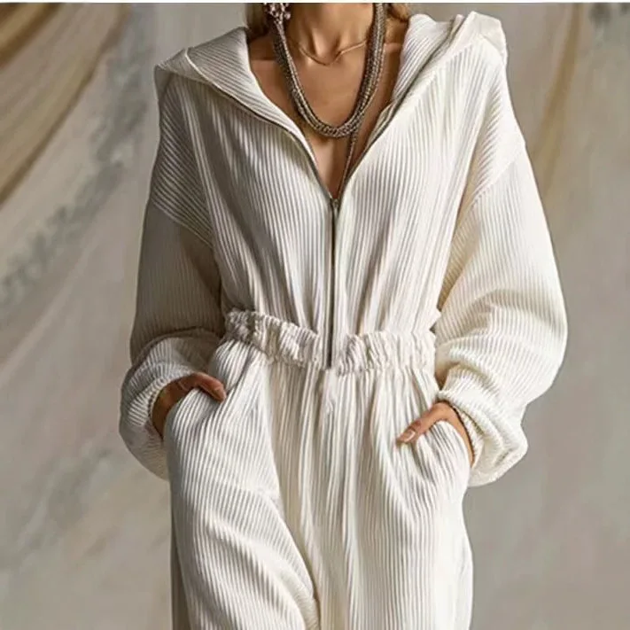 Customized European, American, Independent Station Casual Loose And Fashionable White Corduroy Hooded Zipper Long-sleeved Onesie