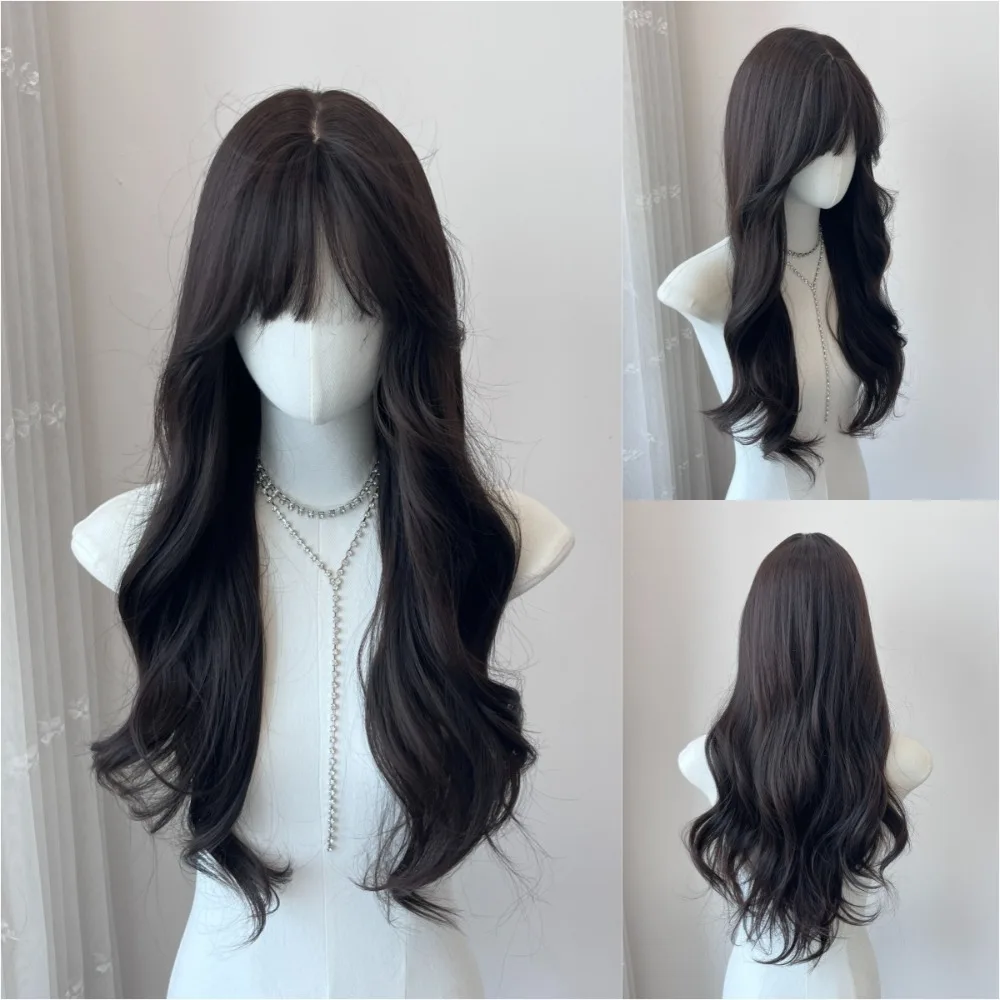 

Ashely Long Wave Wig Black Wavy Wigs with Bangs Naturally Soft Synthetic Wig for Cosplay Daily Use Heat Resistant Headband Wigs