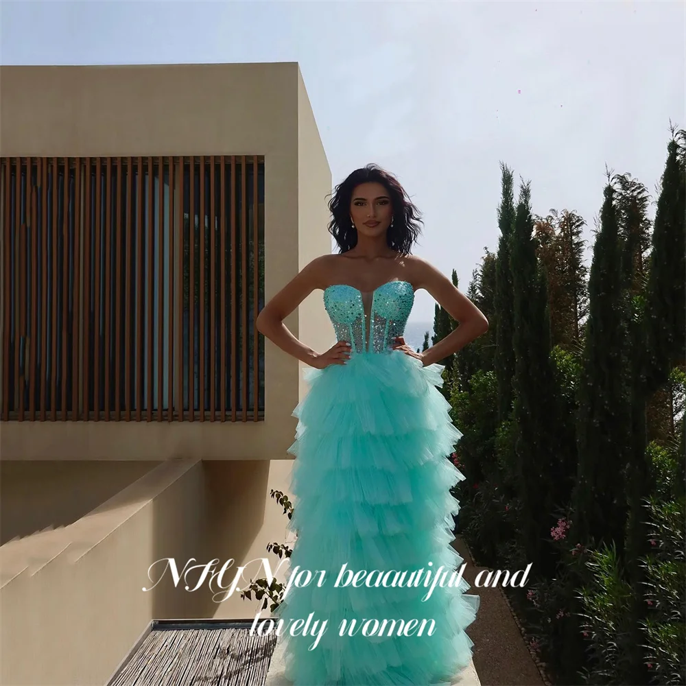 

NFYN Turquoise Prom Dress Sweetheart Tulle Prom Gown Tiered Evening Dresses for Woman with Sequin Bodice robe de bal Customized