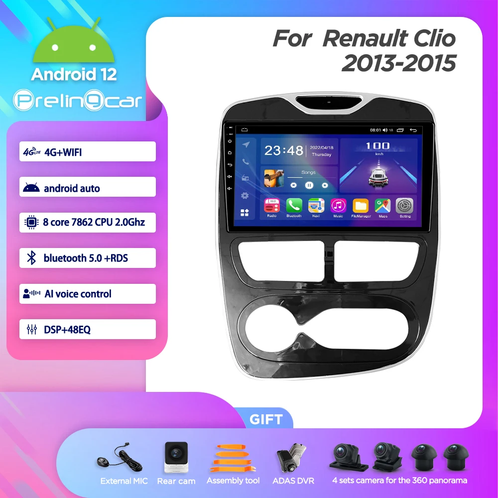 Prelingcar Android 12.0 For Renault Clio 2013-2015 Years Car Radio DTS Multimedia Video Player GPS Navigation 8Core Carplay