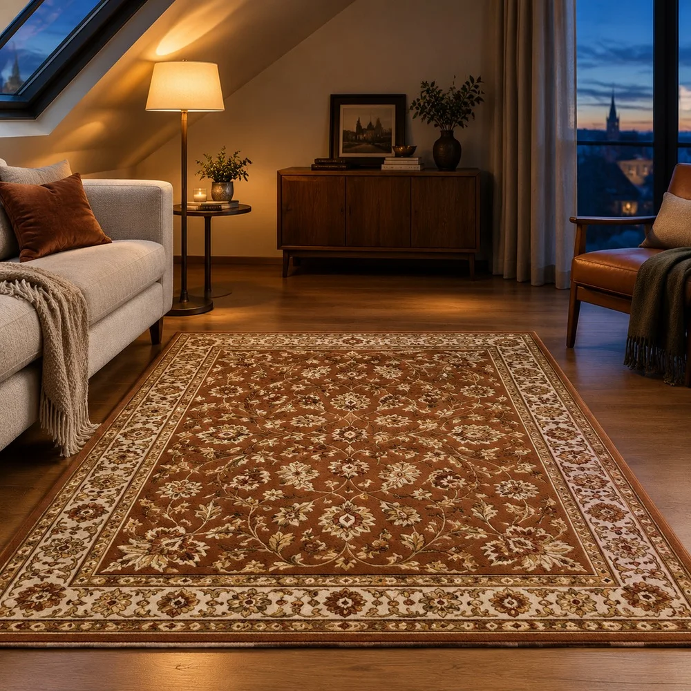 VIKAMA Floor Carpet Ochre Brown Scroll Floral Trellis Modern Foldable Home Office Study Sitting Room Fireplace Home Decoration