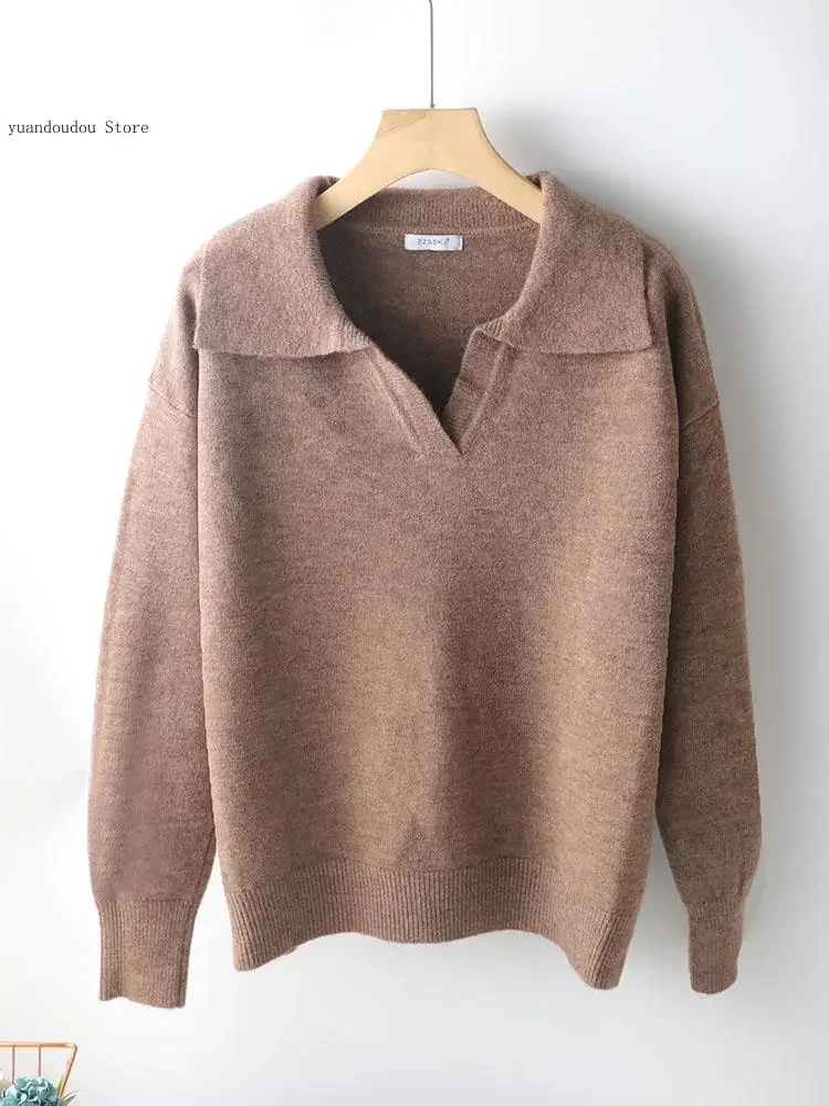 Pullover maglione autunno inverno colletto polo donna maglione sciolto in cashmere spesso pullover maglione oversize da donna