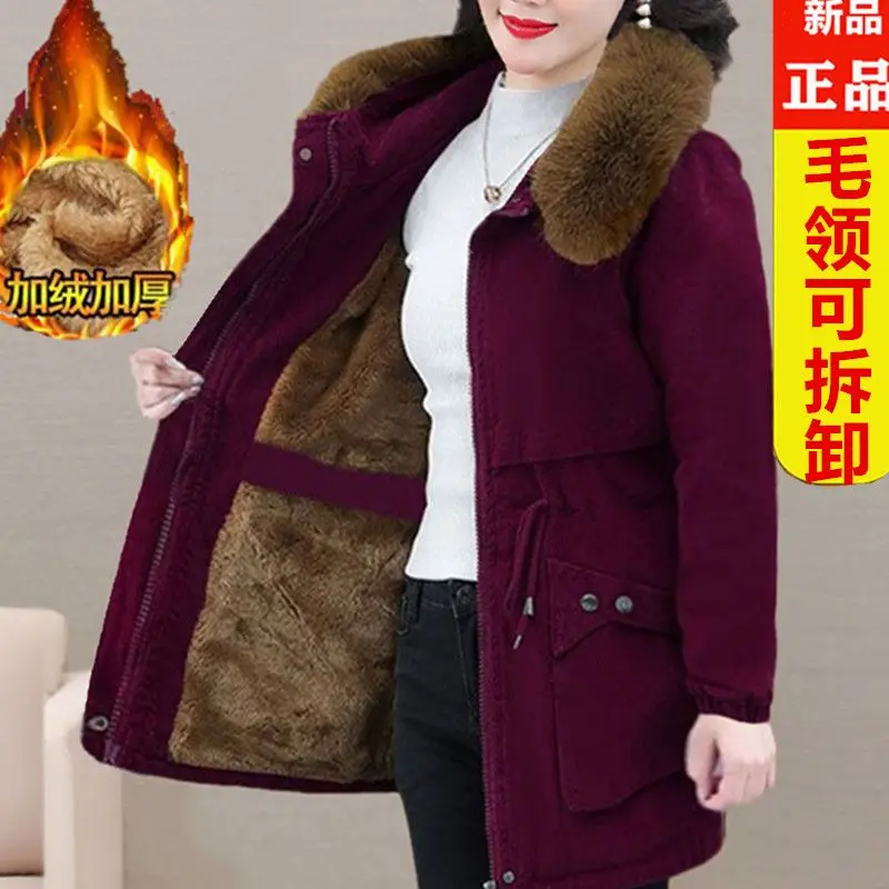 Windbreaker Jacket Mother's spring and autumn Velvet Mid-Long Trench Winter Coat Thicken Warm Women's Outcoat Hooded Coat Parka