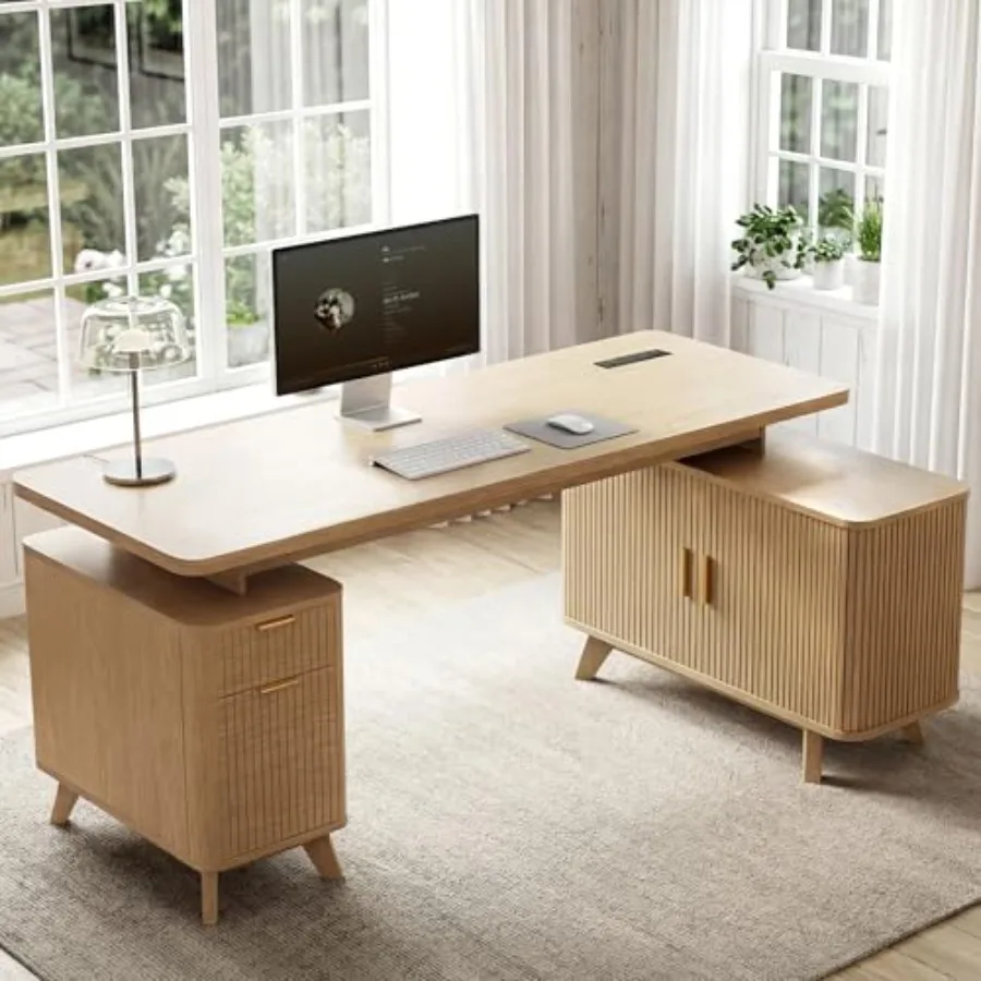 

Fhoe L Shed Executive Desk wi Drawers and SlidinDoors Fluted Storage Cabinet, 63" Corner Computer Desk wi er Outlets 4 and B/pe