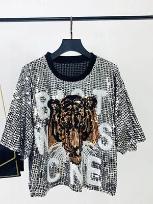 Summer 2026 Trendy Letter Tiger Head Sequin Short Sleeve Loose Fit Short T-Shirt Women's Street Style Top New Arrival