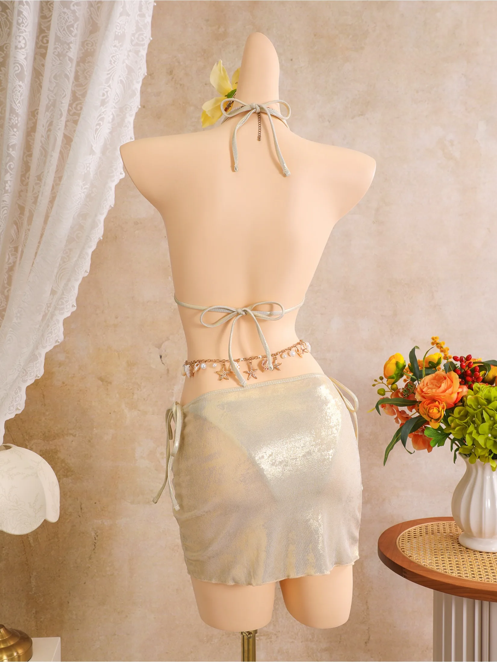 Women's New Euro Sexy Shiny 3 Piece Bikini Set Floral Embroidery Halter Drawstring Ruched Skirt Swimwear Beach Bathing Suit E007