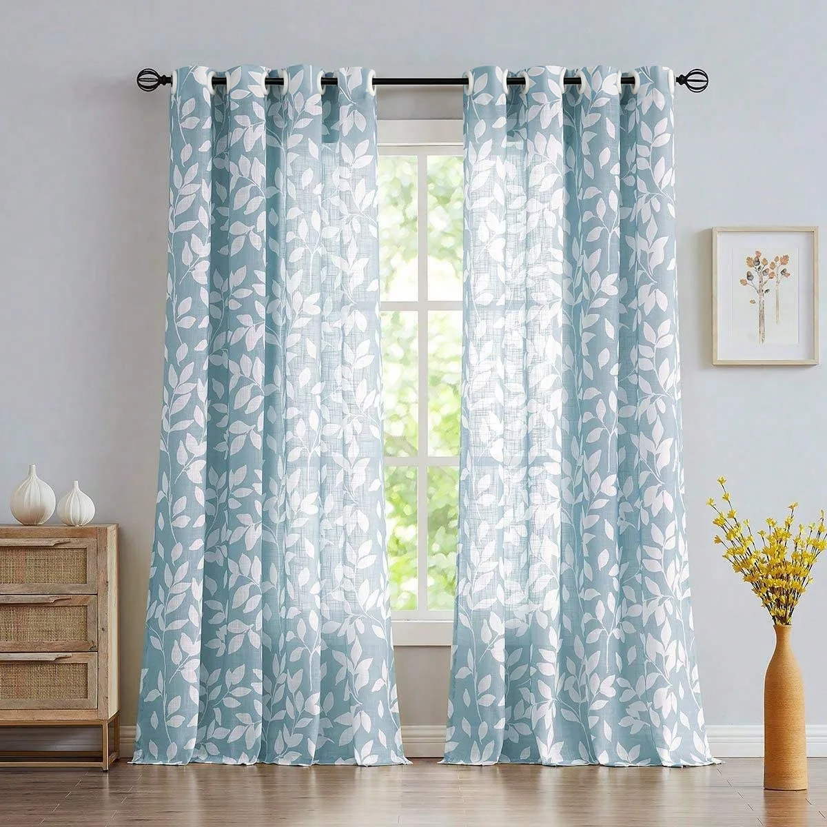 1/2 Panles Blue Leaf Print Waterproof Washable Reusable Curtains for Windows Living Room Bedroom Bathroom Kitchen Home Decor