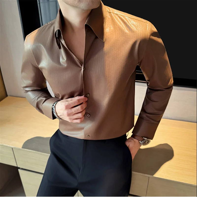2026 Spring Fashion Big Collar Design Long Sleeved Shirt High Quality Men's Business Slim Fit Social Tuxedo Cotton Shirts