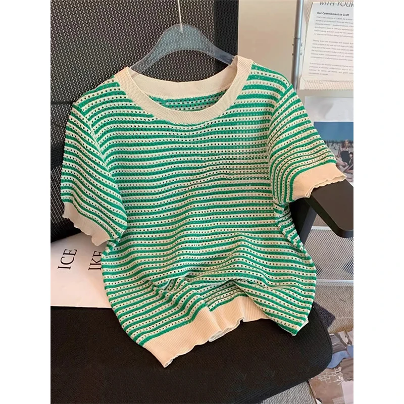 Summer new contrasting striped short sleeved T-shirt for women\'s casual versatile round neck knit sweater for women\'s top 6678